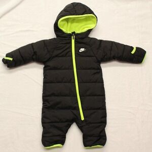 Nike Baby Snowsuit 6M Black Volt Neon One Piece Winter Puffer Fleece‎ Lined Hood